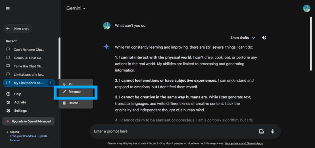 step 2 on how To Rename Your Gemini AI Chats