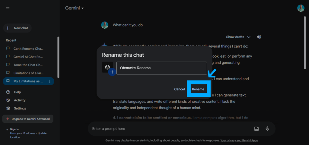 Final step on how To Rename Your Gemini AI Chats